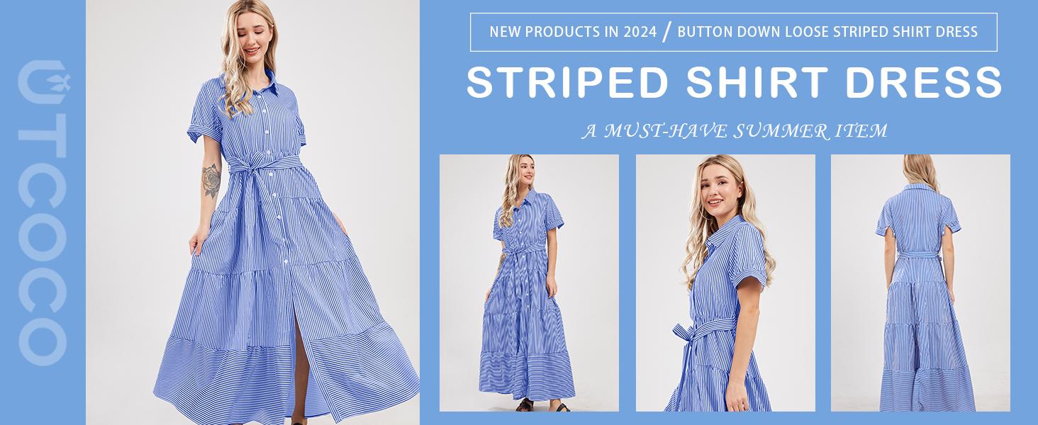 utcoco women's summer striped dress with tie waist ruffles long casual Shortsleeve Womenswear shirt dress SpringStatements