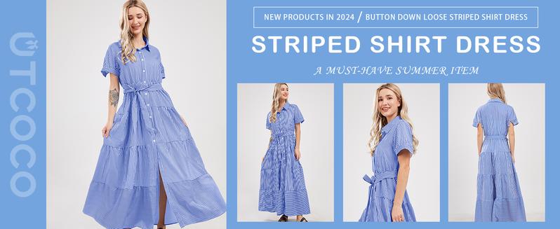 utcoco women's summer striped dress with tie waist ruffles long casual Shortsleeve Womenswear shirt dress