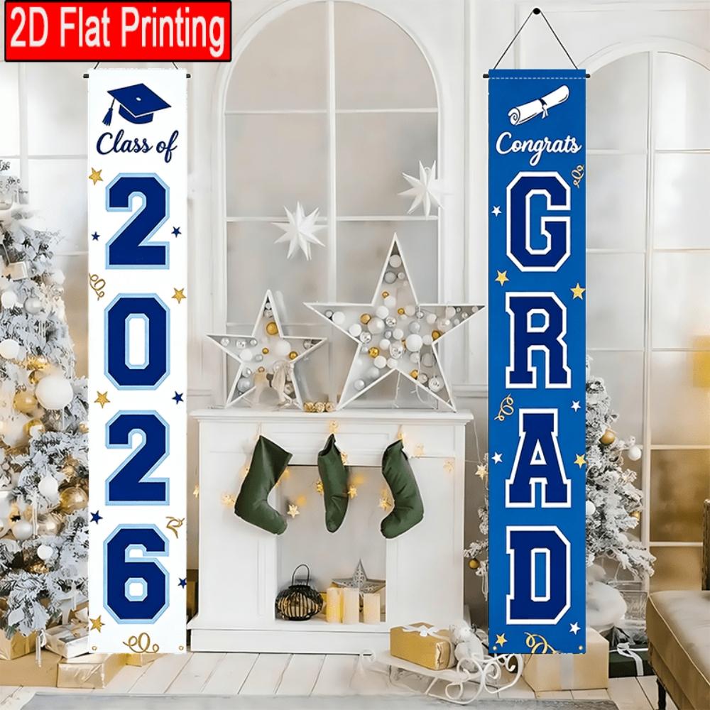 2DFlat2pcs 2026 Class  Graduation Door Banner, Blue and White Color Scheme with Grad Cap, Diploma and Star Elements, Ideal for 2026 Graduation Ceremony, Grad Party, Appreciation Dinner, School Celebration, Also as Porch or Wall Hanging,