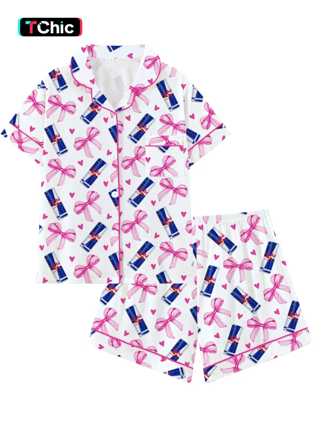 Teen red Bull Soda Drink Hooded Short Sleeve Pajama Set, Pjs, Pyjamas, Comfortable Sleepwear, Loungewear, Cute Animal Graphic Pattern, All Seasons