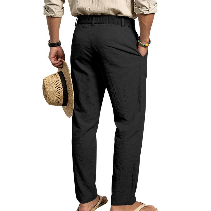 Men's 2026 Spring Summer Plain Linen-Cotton Fabric Wide Leg Trouser, Irregular Cross Buckle Waist, Loose Fit for Big-Tall Menswear, Ideal for Beach Vacation & Daily Commute (Polyester-Blended Option Available)