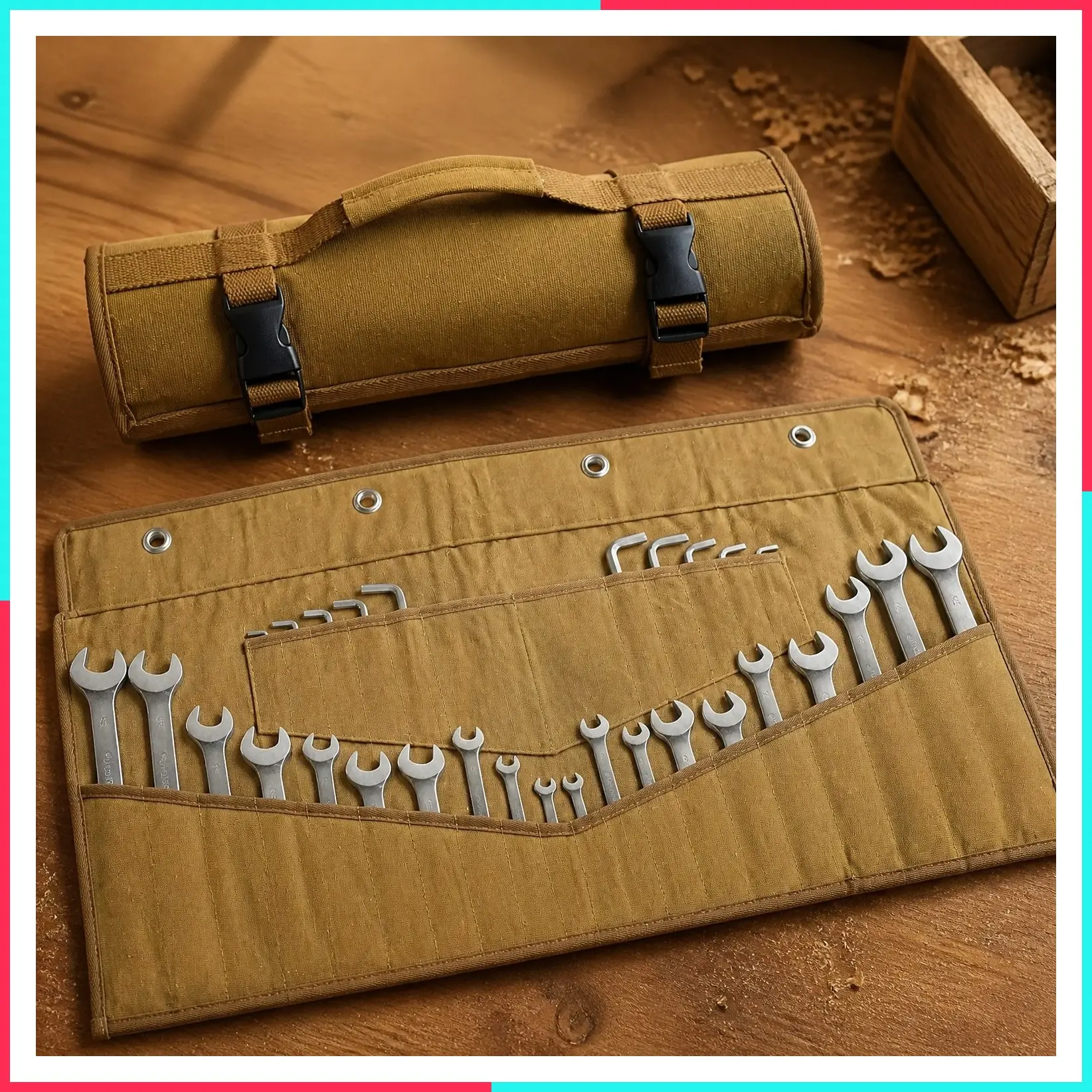 Wrench Roll 30 Pockets, Heavy-Duty 16 oz. Waxed Canvas Wrench Organizer Bag for Metric and SAE Wrenches, Wrench Pouch with Buckles and Handle, Sturdy Wrench Tool Roll (Khaki)