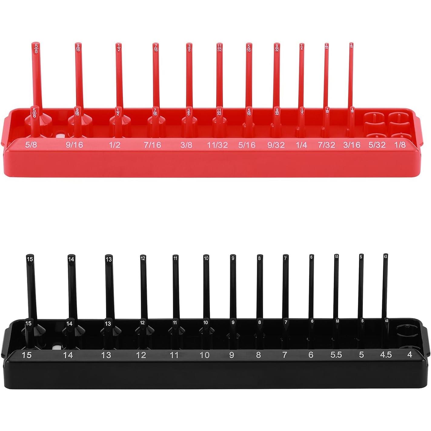 1/4-Inch Drive Socket Organizer Trays, 2- SAE and Metric Socket Tray Set, Deep and Standard Socket Holders Organizers for Toolbox, Black & Red