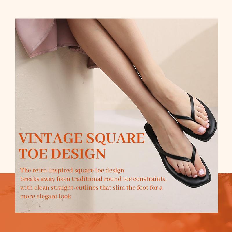 Women's Flip Flops  Black Square Toe Flat Sandals for Women  Comfortable Thong Sandals Fashion Sandals for Women 2025  Vegan Leather Lightweight Summer Beach Sandals  Dressy Vacation Essentials Slides