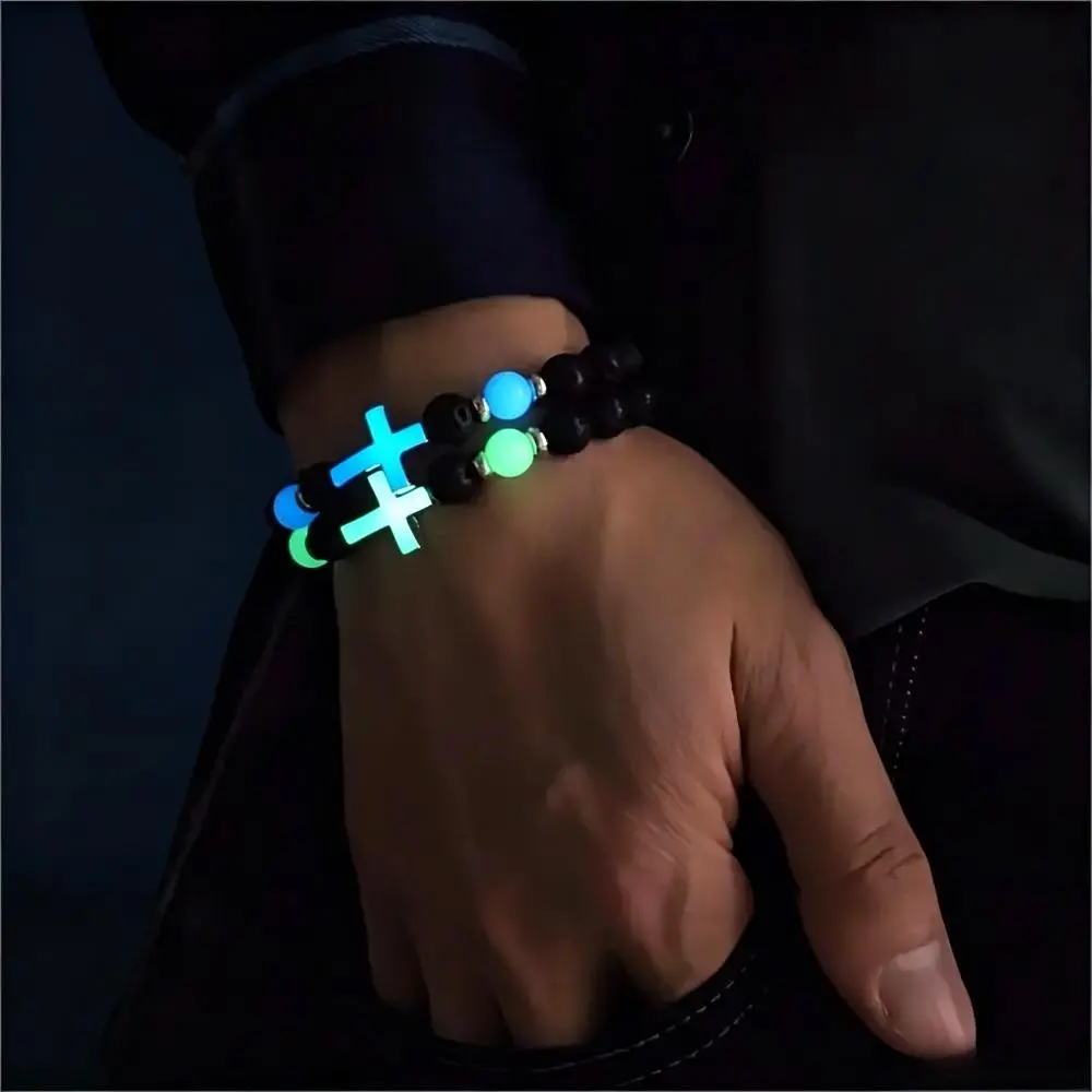 2PCS Cross Motif Glow-in-the-Dark Beaded Bracelets, Luminous Volcanic Stone Stretch Bracelets, Adjustable Elastic Wrist Jewelry for Men-Women Daily-Party Wear (Bag Accessory)