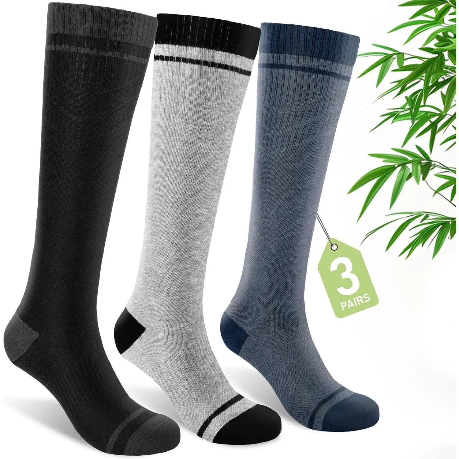 Bamboo Viscose Compression Socks for Women & Men (3 Pairs) 15-20 mmHg Knee High Support for Nurses, Travel, Pregnant