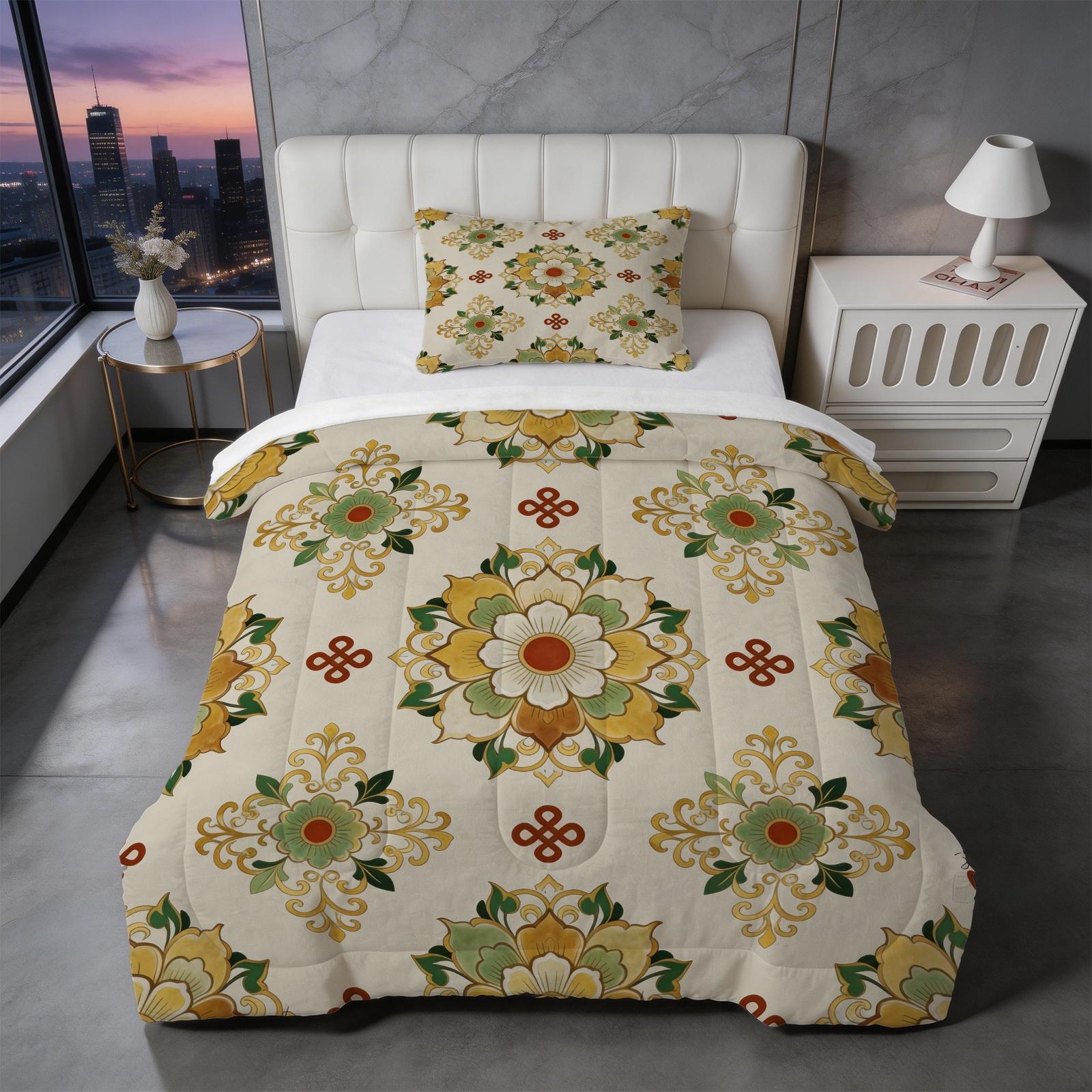 2/3 Piece Vintage Floral Mandala Comforter Set, HD Digital Printed Quilt, Soft Plush Bedding Set (Pillowcases No Inserts), U-Stitched All-Season Bed Comforter for Bedroom