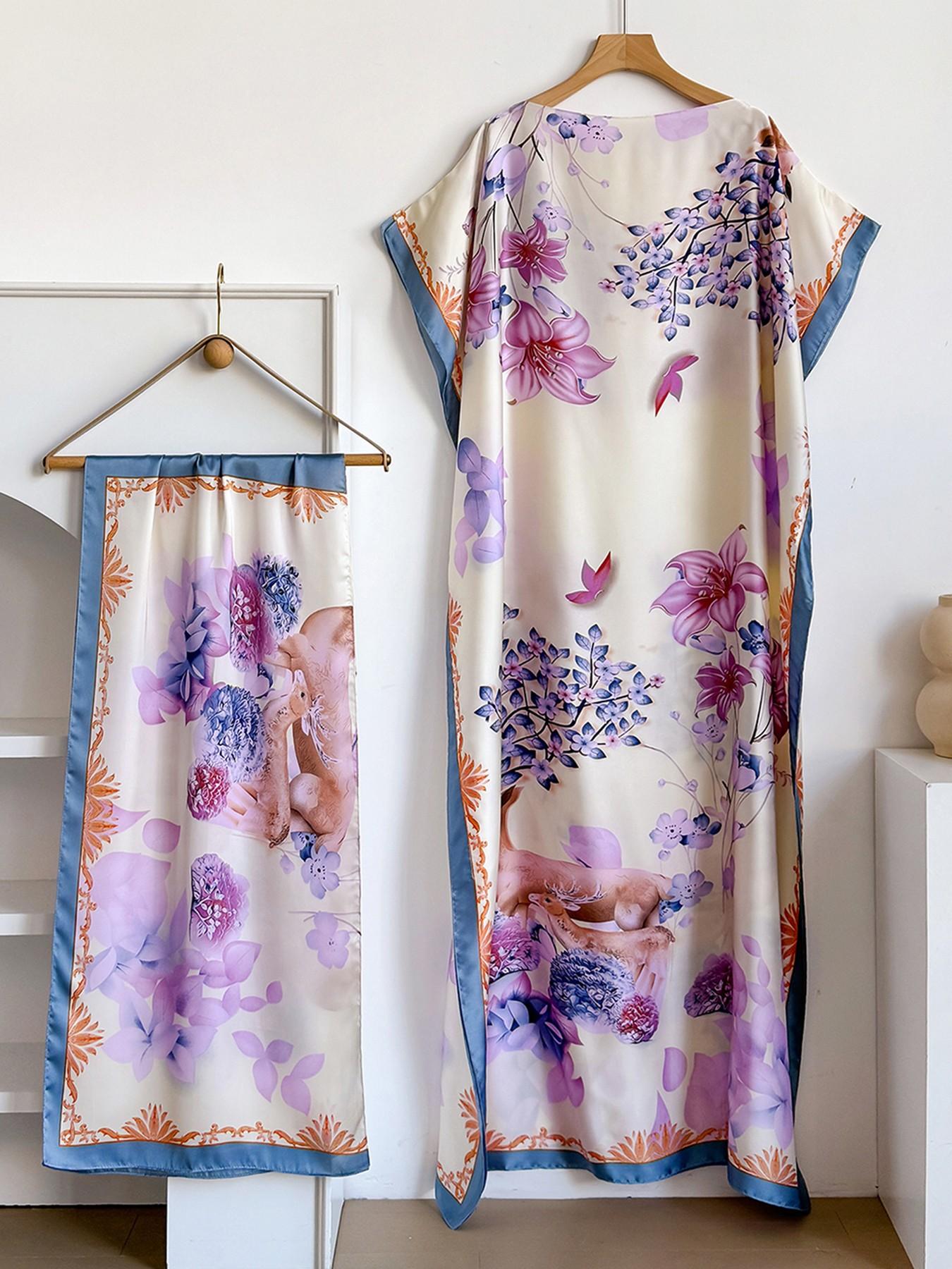 Women's Floral Print Robe Set, Casual Fashion Long Dress + Headscarf Scarf Hairband, Beach Sun Protection Satin Silk Shawl