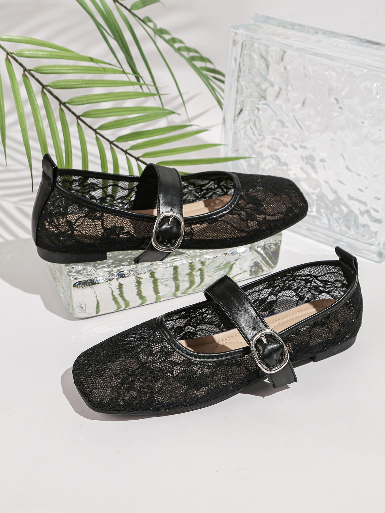 2026 Summer Hollow Out Mesh Square Toe Lace Mary Jane Shoes, Breathable Flat Shoes, Soft Sole Versatile Buckle Single Shoe