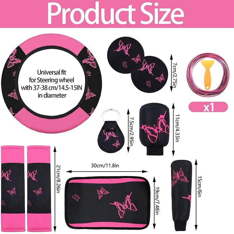4 Butterfly-Themed Car Seat Cover & Interior Accessory Combo: Lightweight and Breathable Seat Covers for 5-Seater Vehicles, Butterfly-Print Steering Wheel Cover, and Additional Decorative Accents; Compatible with Most Sedan and SUV Models