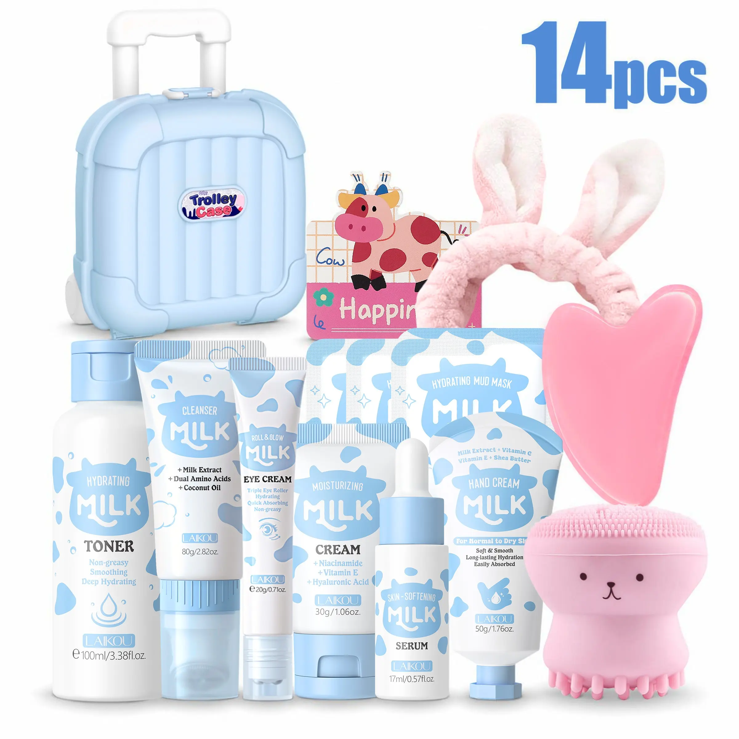 Milk Hydrating Facial Skincare Set with Mini Trolley Case 14Pcs, Skincare Gift Sets for Teenage Girls with Face Serum Roller Eye Cream Cream Mud Mask Gua Sha & Cleansing Brush, Pamper Gift for Teens, Face Cleanser Brush