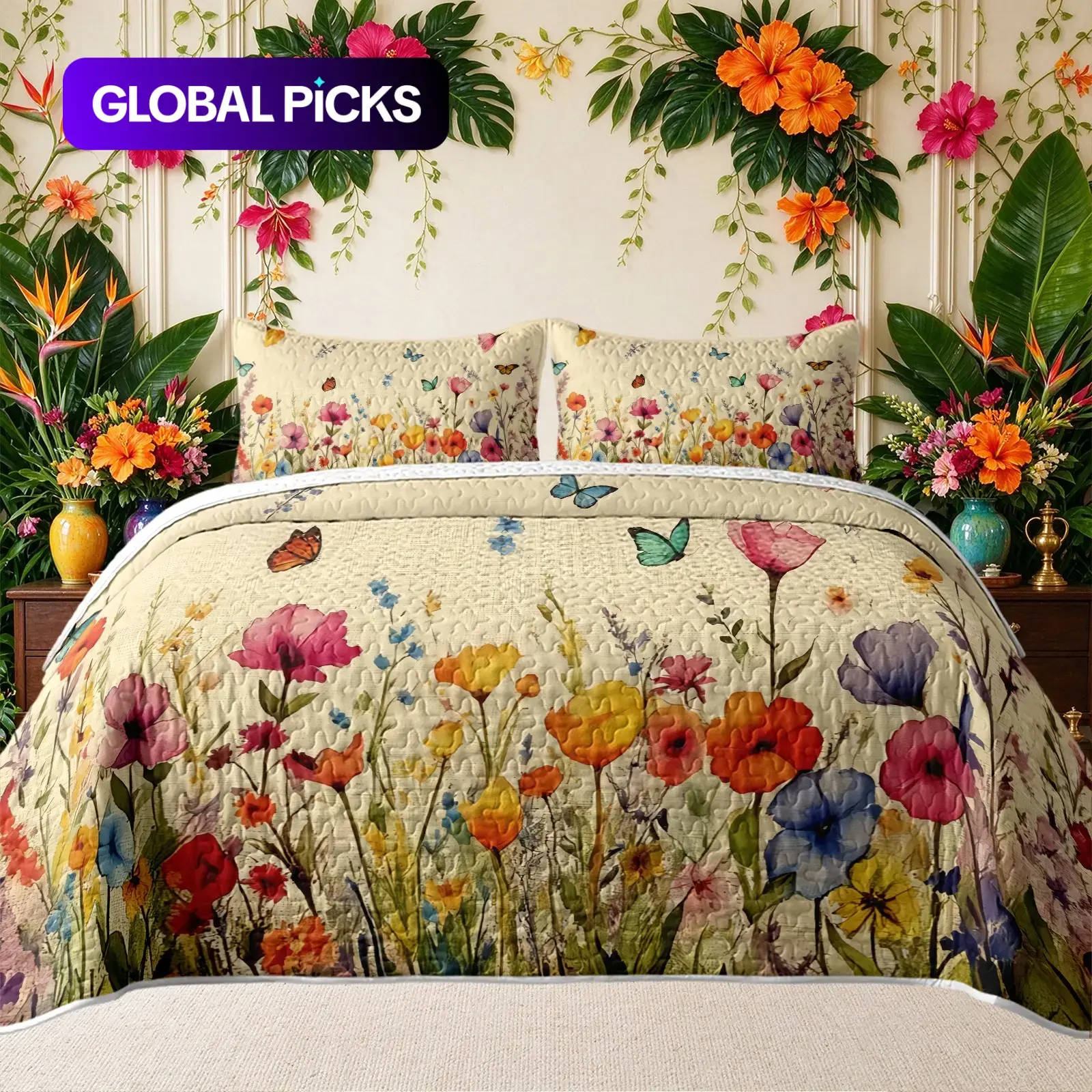 3pcs Distressed Watercolor Butterfly Wildflower Quilt Bedspread Set, vintage textured background with flying butterflies and wildflowers, reversible soft breathable fabric for all seasons, gentle pastoral style
