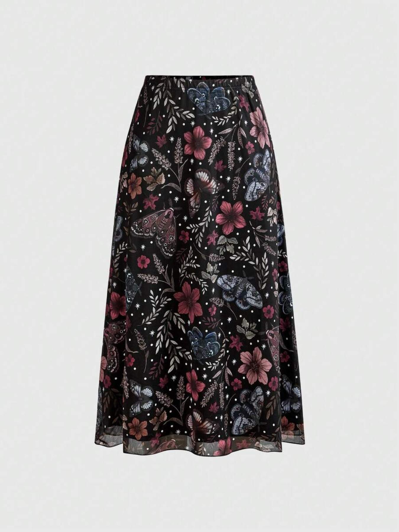 Fairycore Gothic A-Line Skirt, Bohemian, Casual Boho Skirt, Bat Skull Moon Pumpkin Print, Boho Plant Leaf Butterfly Maple Mushroom Floral Design, Elegant Party Dress, All-Season Long Skirt, Elastic, Bottom