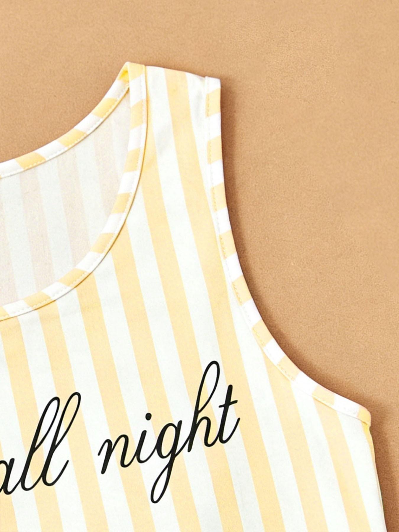 Women's Summer Sleepwear Set, Striped Sleeveless Round Neck Letter Print Bow Tie Shorts, Elegant Comfortable Wear-Outside Pajamas