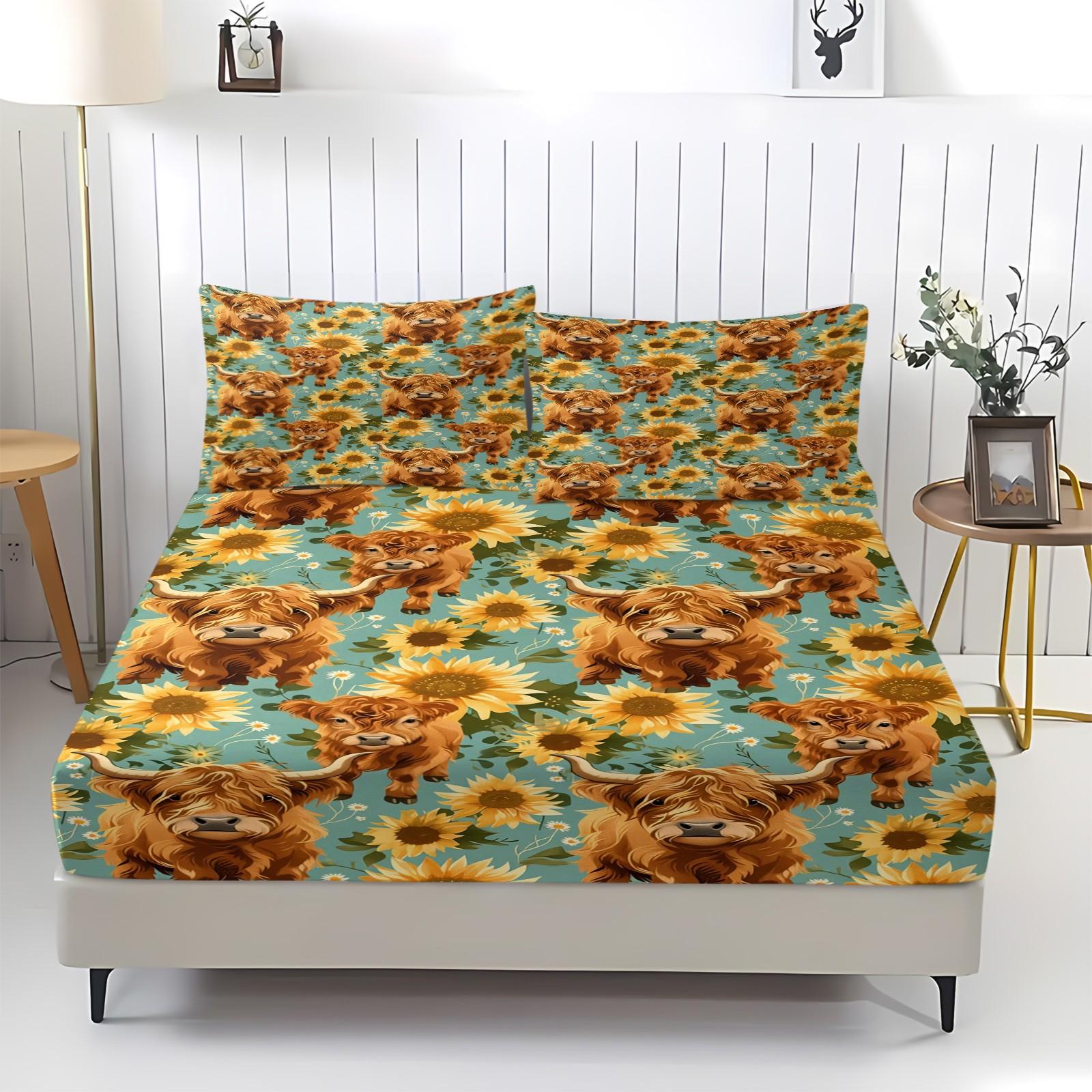 3-Piece Highland Cow & Sunflower Fitted Sheet Set, 1 Fitted Sheet + 2 Pillowcases, Soft Breathable Fabric, Non-Slip Mattress Cover, Floral Cow Bedding, Perfect for Teen Bedroom, Farmhouse Room Decor