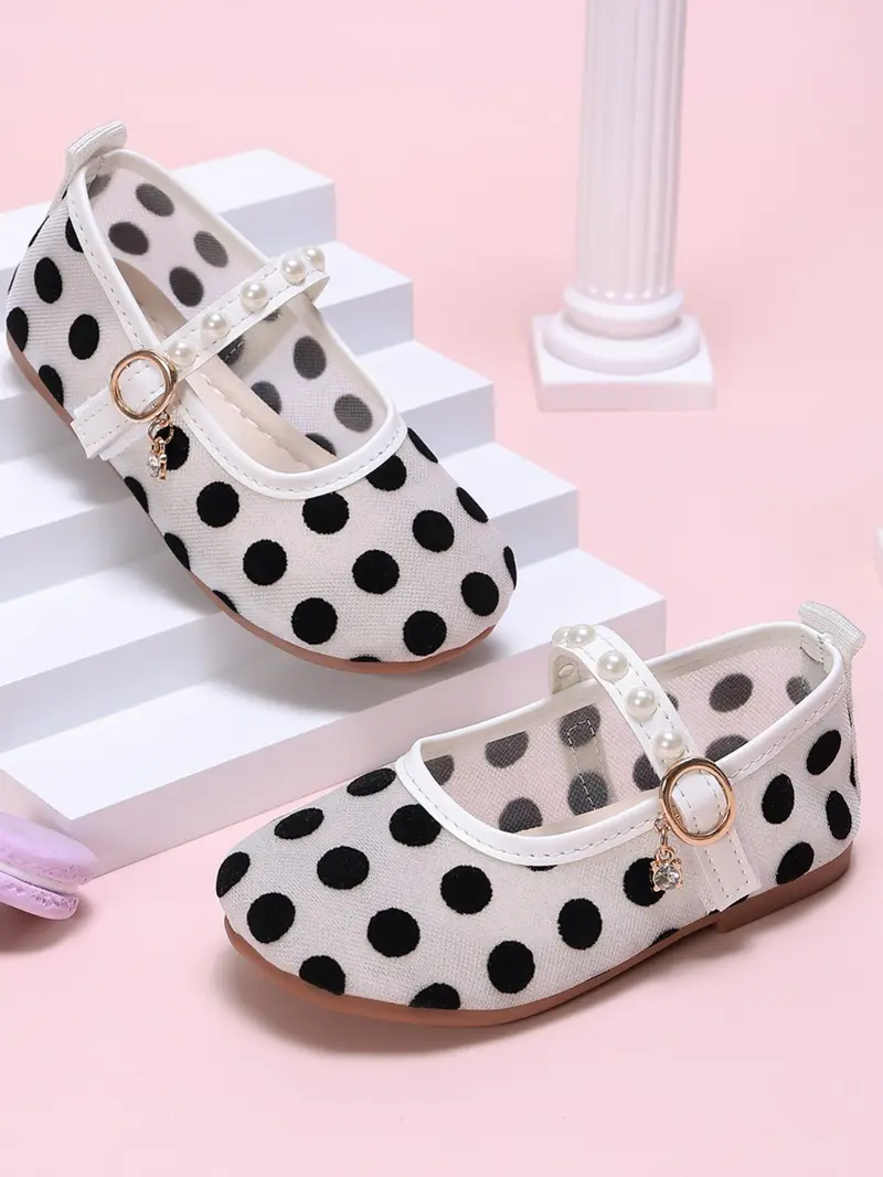 New Kids Polka Dot Mary Jane Shoes, Sweet Princess Style, Pearl Decor, Rhinestone Pendant, Easy Velcro Flat Shoes, Fashionable, Suitable for Vacation, Picnic, Daily Wear