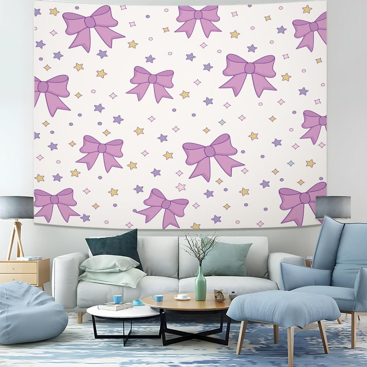 Purple Bow Tapestry, Cute Star Print Wall Hanging, Aesthetic Tapestries Wall Blanket, Coquette Room Decor Backdrop Decor, Soft Fabric Wall Art for Bedroom Living Room Dorm