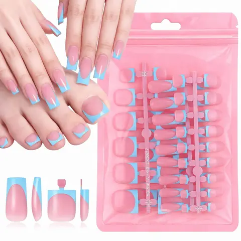 Women's 60pcs Reusable Acrylic Apply & Press On Fake Nail Kit - Square Medium Full Cover, French Tip, Toenails Included, Easy to Care, Nail Art Supplies, Girls' Valentine's Gift