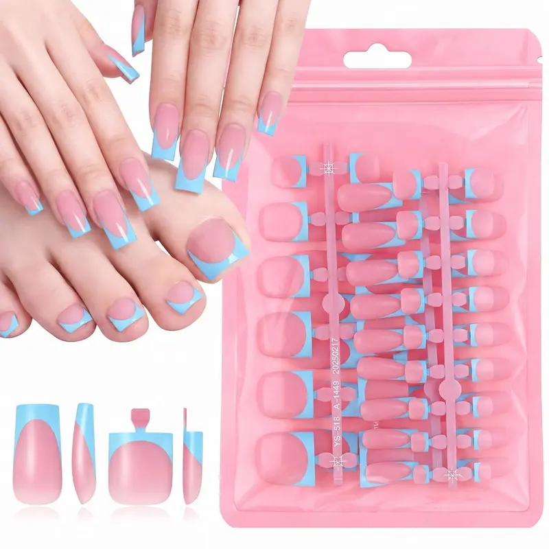Women's 60pcs Reusable Acrylic Apply & Press On Fake Nail Kit - Square Medium Full Cover, French Tip, Toenails Included, Easy to Care, Nail Art Supplies, Girls' Valentine's Gift