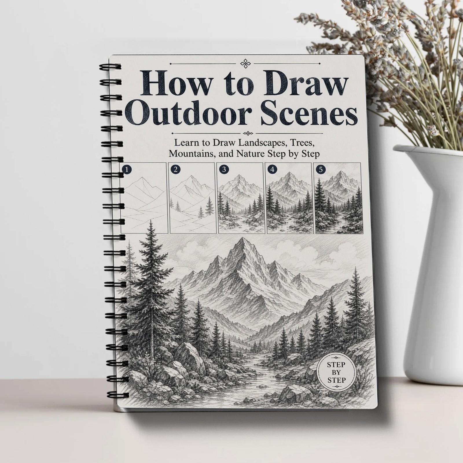 Landscape Painting Tutorial Instructions, Step-By-Step Sketching Practice, Mountain Forest Lake Clouds, Ideal for Beginners Adults Teens Art Lovers Travel Sketching
