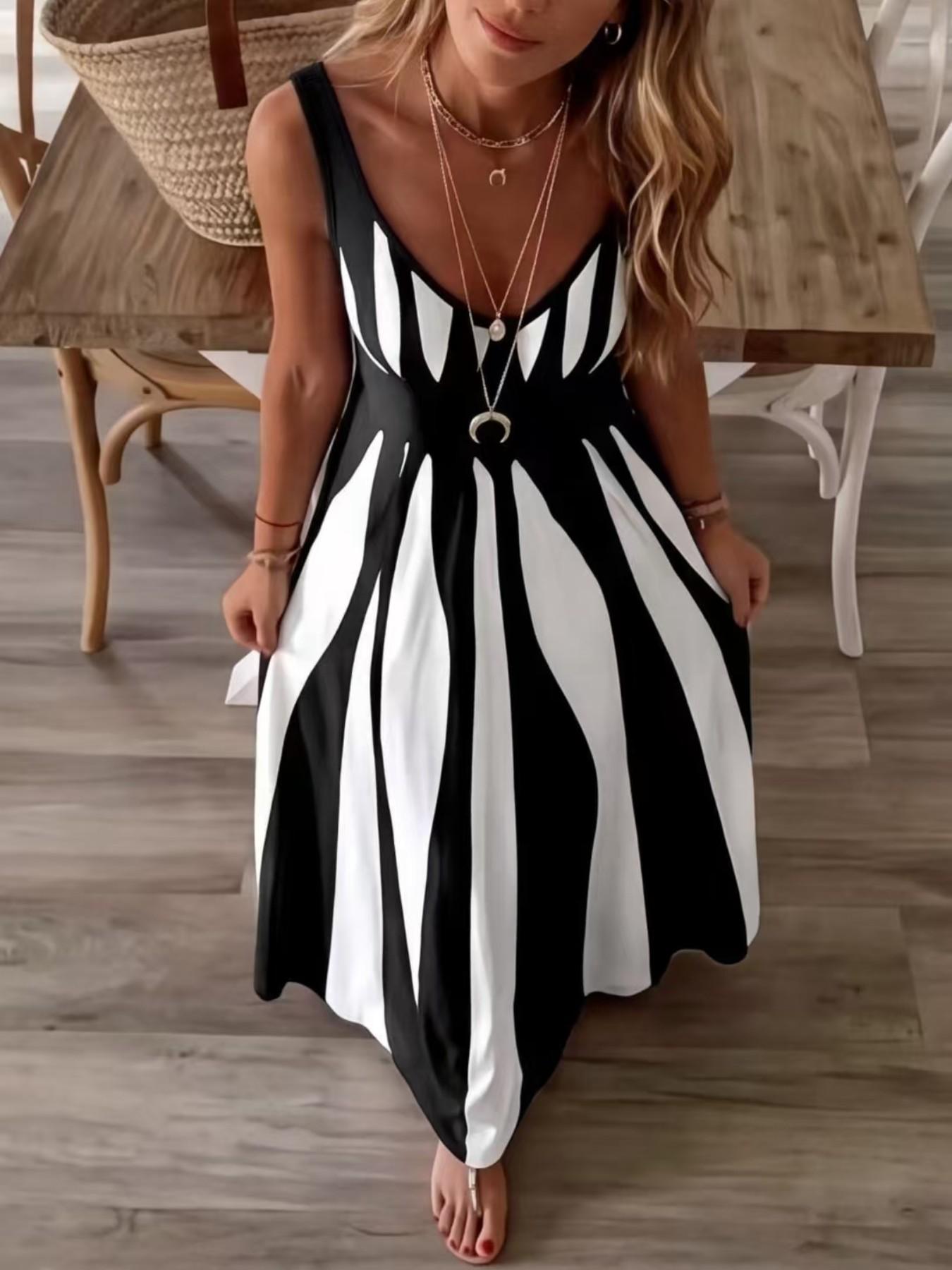 Summer New Arrival Women's Casual Sleeveless Striped V-Neck Long Dress, Casual Dresses, Casual Chic Dress, Sweet Style Elegance Loose-Fitting Daily Wear, Perfect for Outdoor Activities