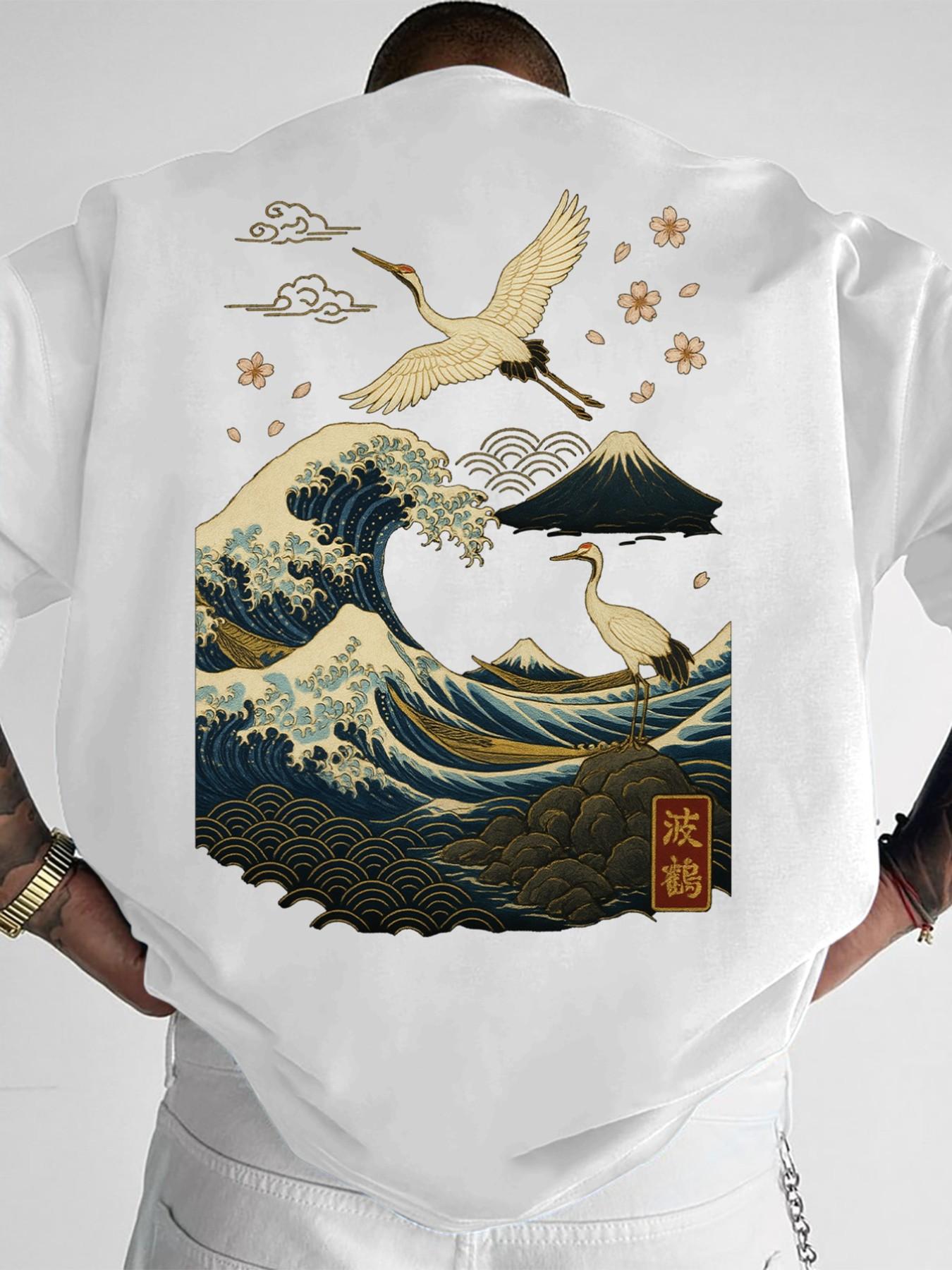 Men's Plus Size Loose Fit Round Neck Short Sleeve T-Shirt, Wave and Crane Print, Asymmetric Japanese Art Design, Beach Music Festival Daily Wear