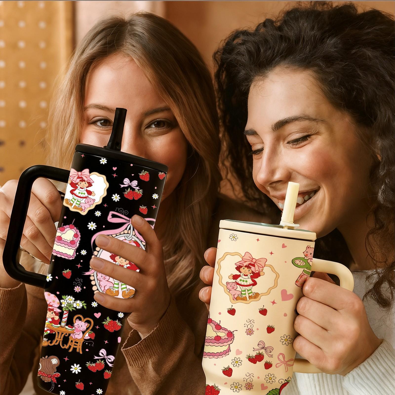 40oz Strawberry Girl Insulated Car Tumbler, Cute Aesthetic Pink Cup with Handle and Straw, Double Wall Stainless Steel Drinkware Vacuum Mug for Hot Cold Drinks, Perfect Valentine’s Day Birthday Gift for Girlfriend Women Girls