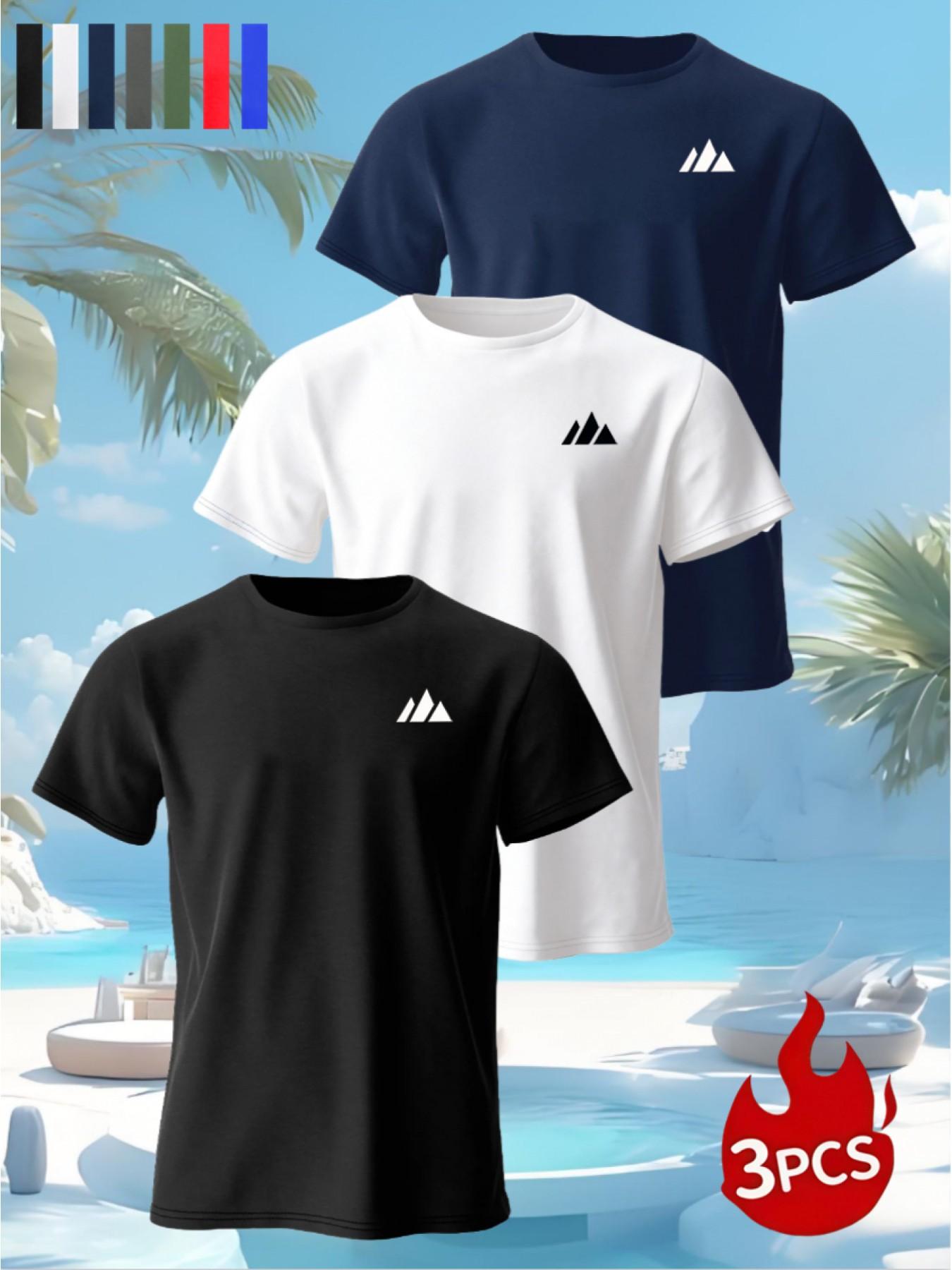 3-Pack Summer Sporty Mountain Print T-Shirts, Soft Breathable Polyester Crew Neck, Casual Comfort, Smooth Touch, Multiple Colors Available