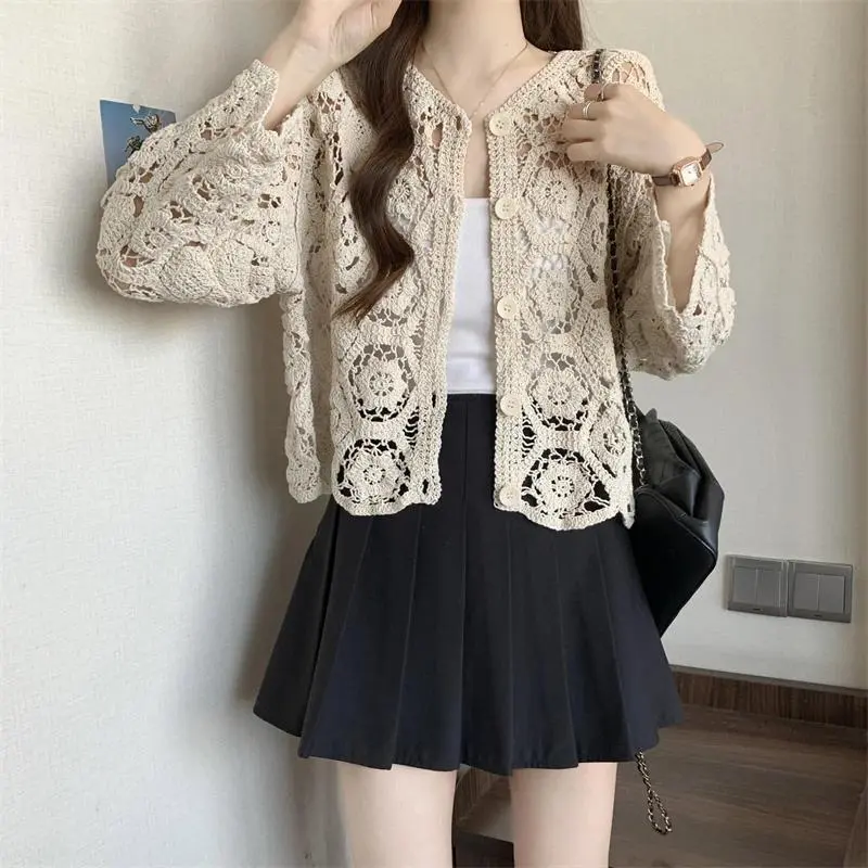 Cropped Crochet Knit Top Beach Bikini Cover Up Button-up Cardigan Blouse Women blusas para mujer Vacation Boho Outfit