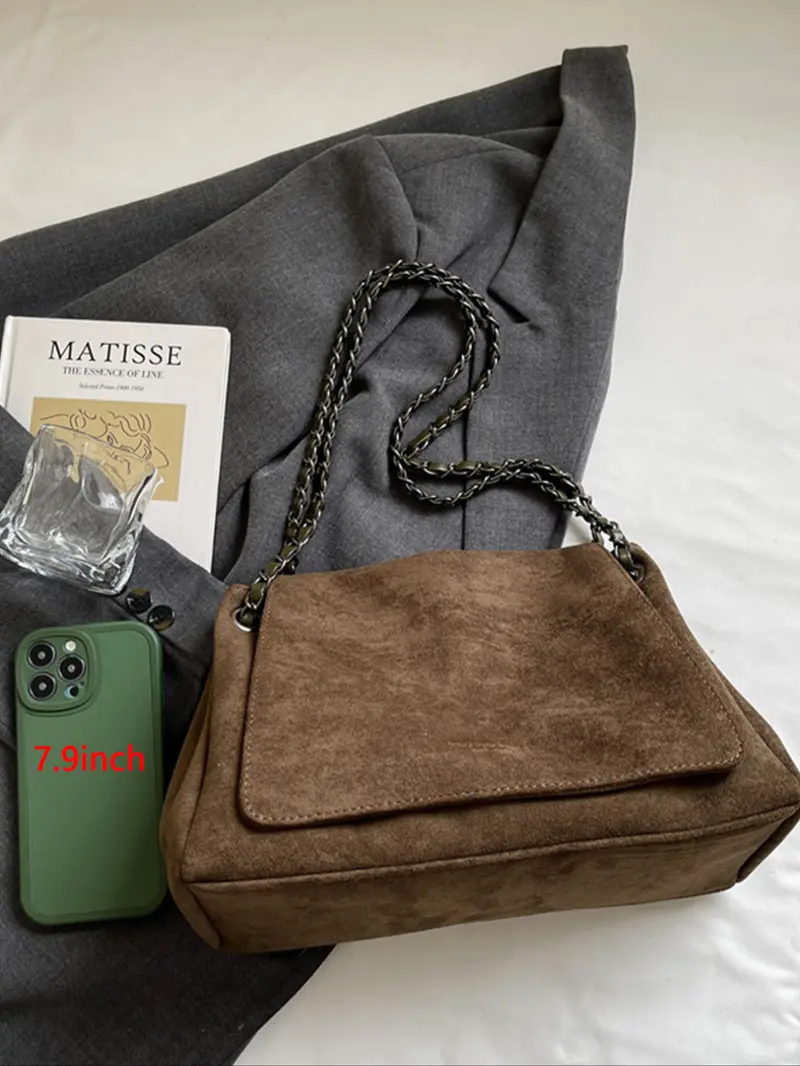 Women's Fall Winter Plain Suede Crossbody Shoulder Bag, Fashionable Woven Chain Design, Ideal for Commuting & Shopping, Perfect Gift