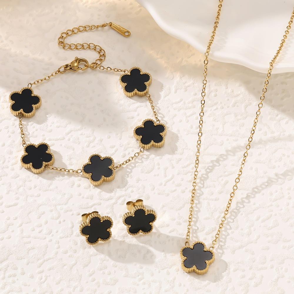 3Pcs Gold Plated Black Clover Jewelry Set, Dainty Enamel Quatrefoil Necklace Bracelet Earrings Combo, Fashion Jewelry Gift for Her