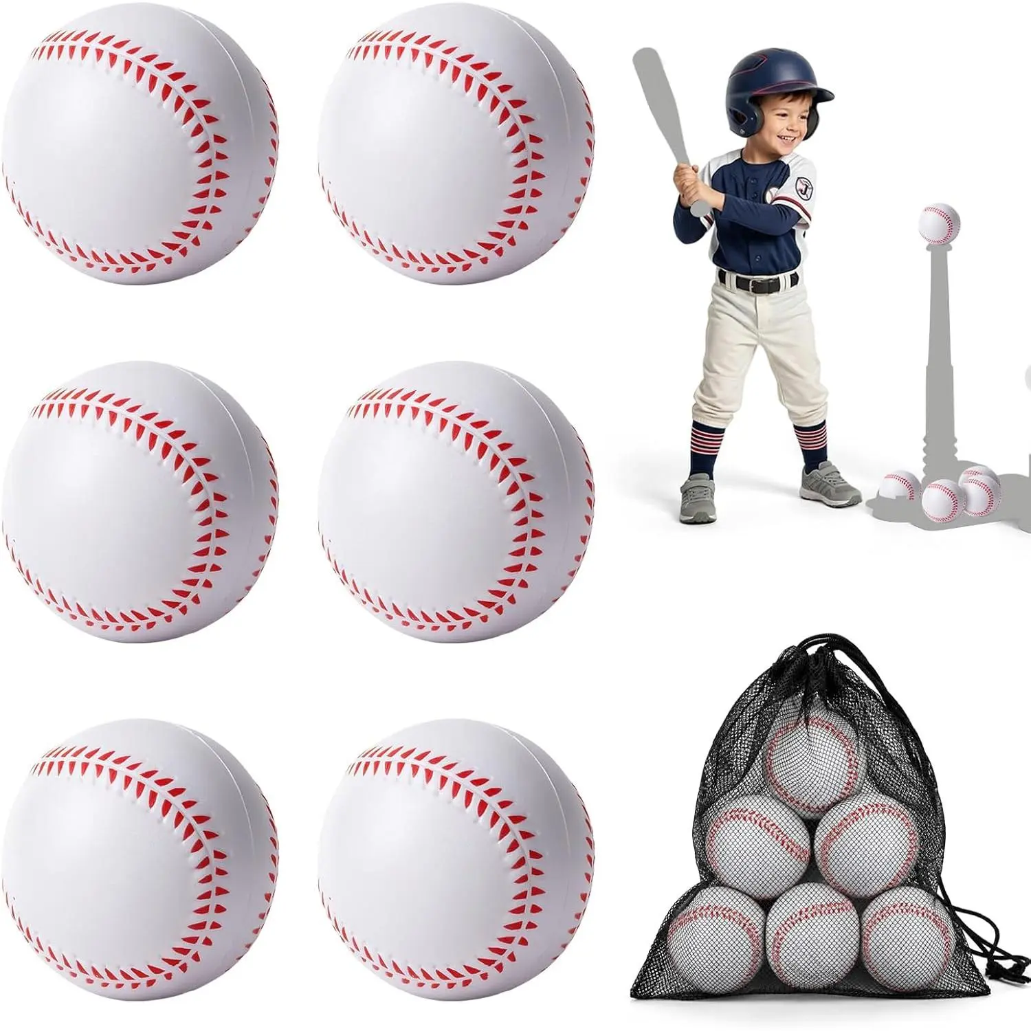 Foam Training Baseballs for Indoor Practice and Safe Play, 2.68-inch, 12-Pack with Mesh Storage Bag
