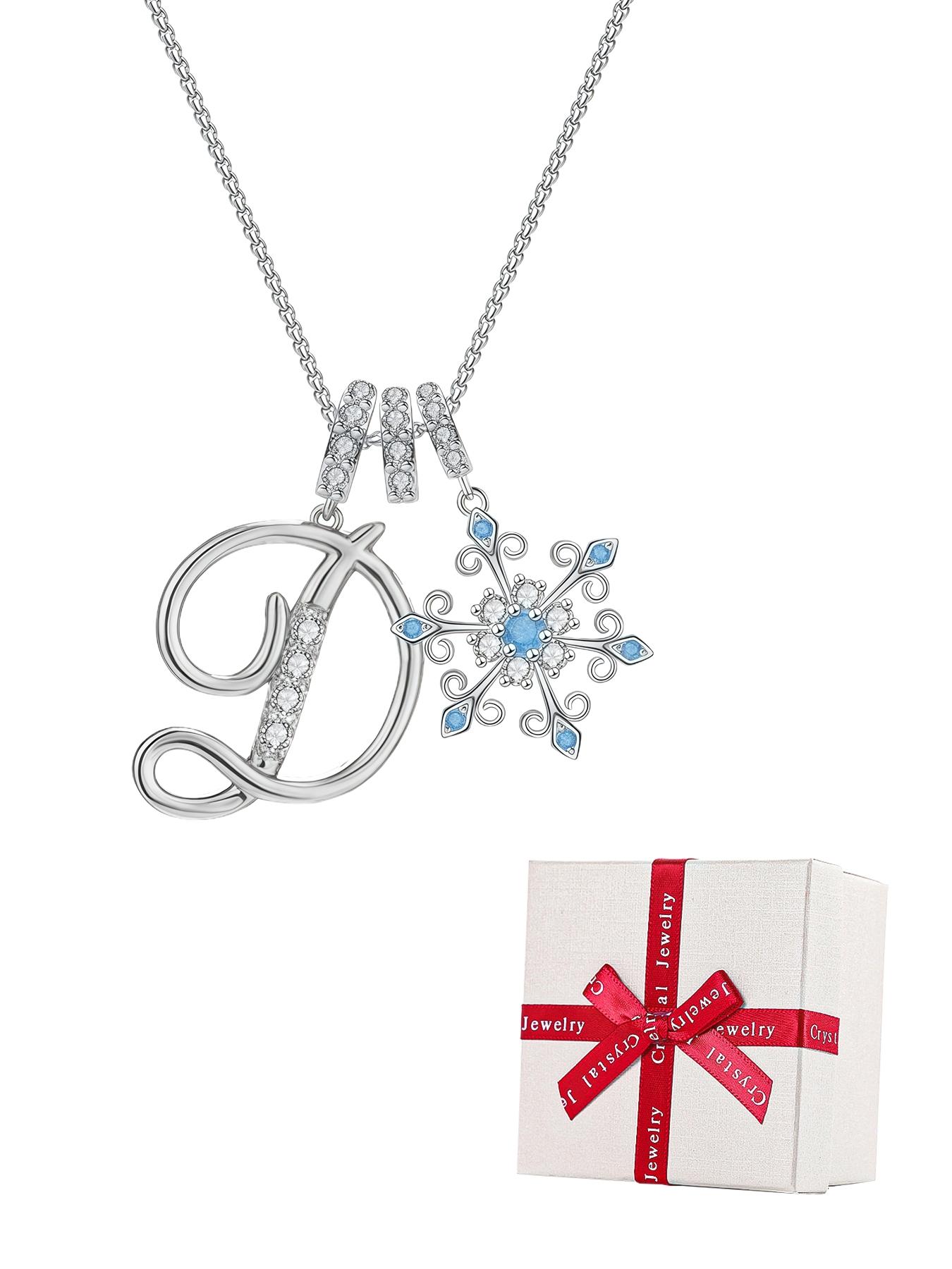 Snowflake Initial Necklace with Blue Rose Jewelry Box, Included Jewelry Box, Letter Pendant for Women, Birthday Christmas Gift for Wife Mom Girlfriend Daughter