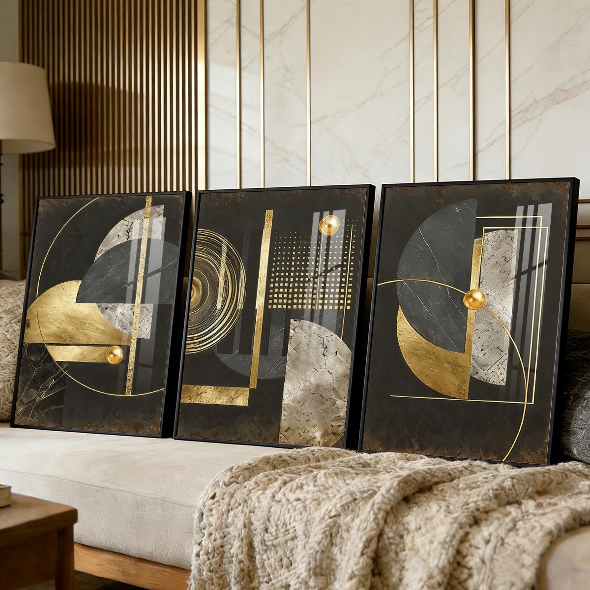3 Counts Aluminum Alloy Framed Painting, Abstract Geometric Gold And Black Art Pictures, Home Decoration For Living Room, Bedroom, Office, Restaurant, Hallway Wall Decor, Odorless Print Artwork, Luxury Perfect Gift For Friends And Family
