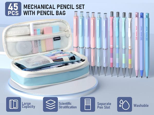 Nicpro 45 Pack Aesthetic School Supplies with Big Capacity Pen Case, Pastel Mechanical Pencils 0.5, 0.7, 0.9, 2mm with 24 Tube Lead Refills(4B 2B HB 2H 4H COLORS) Erasers for Student Writing Drawing