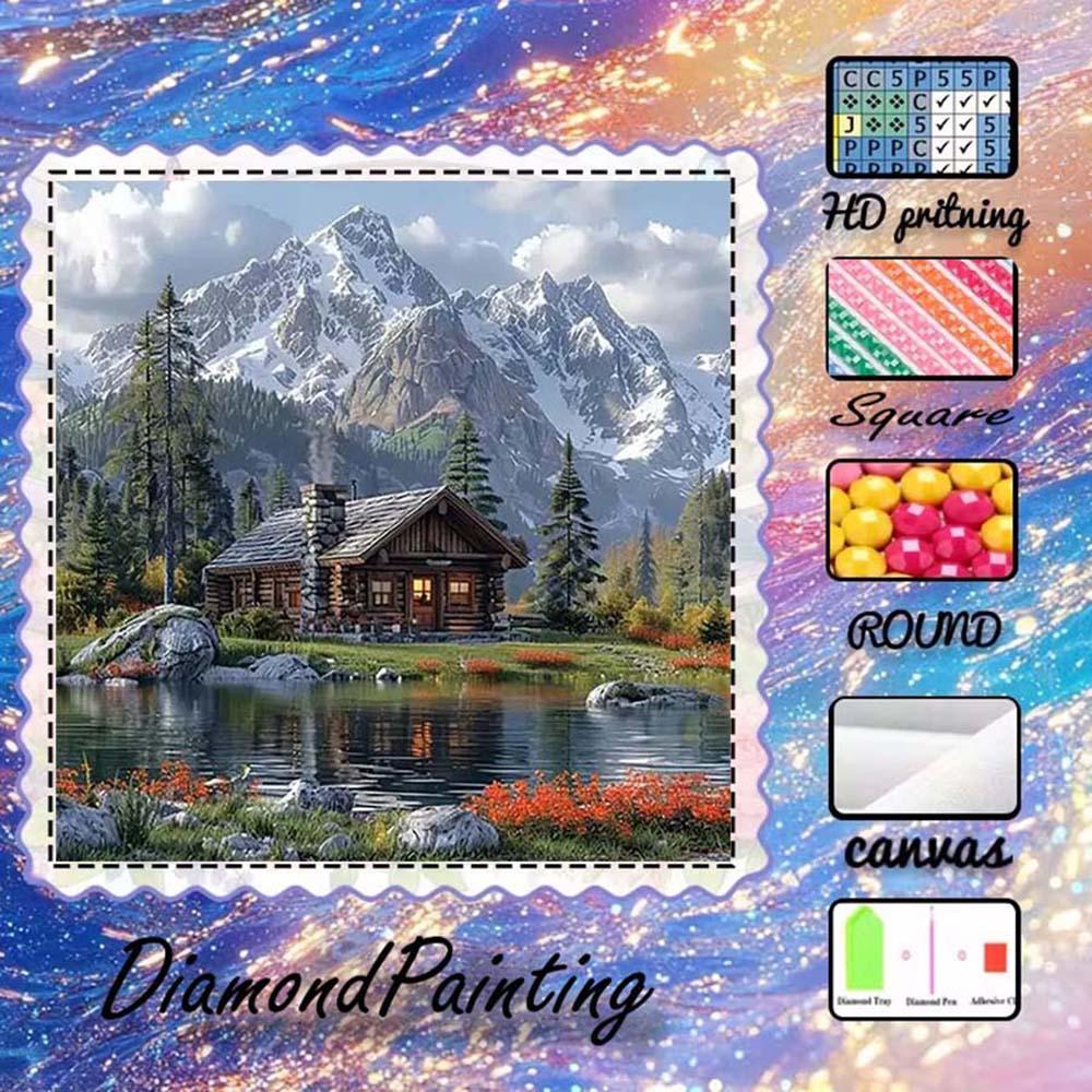 DIY 5D Flocking Cloth Diamond Painting Kit, AB Drills, Fairy Dust Drills, Crystal Drills, Mountain, House, Lake, Diamond Embroidery, Special Craft Diamond Art Set, Wall Decor, Gift for Family, Loved Ones, Friends