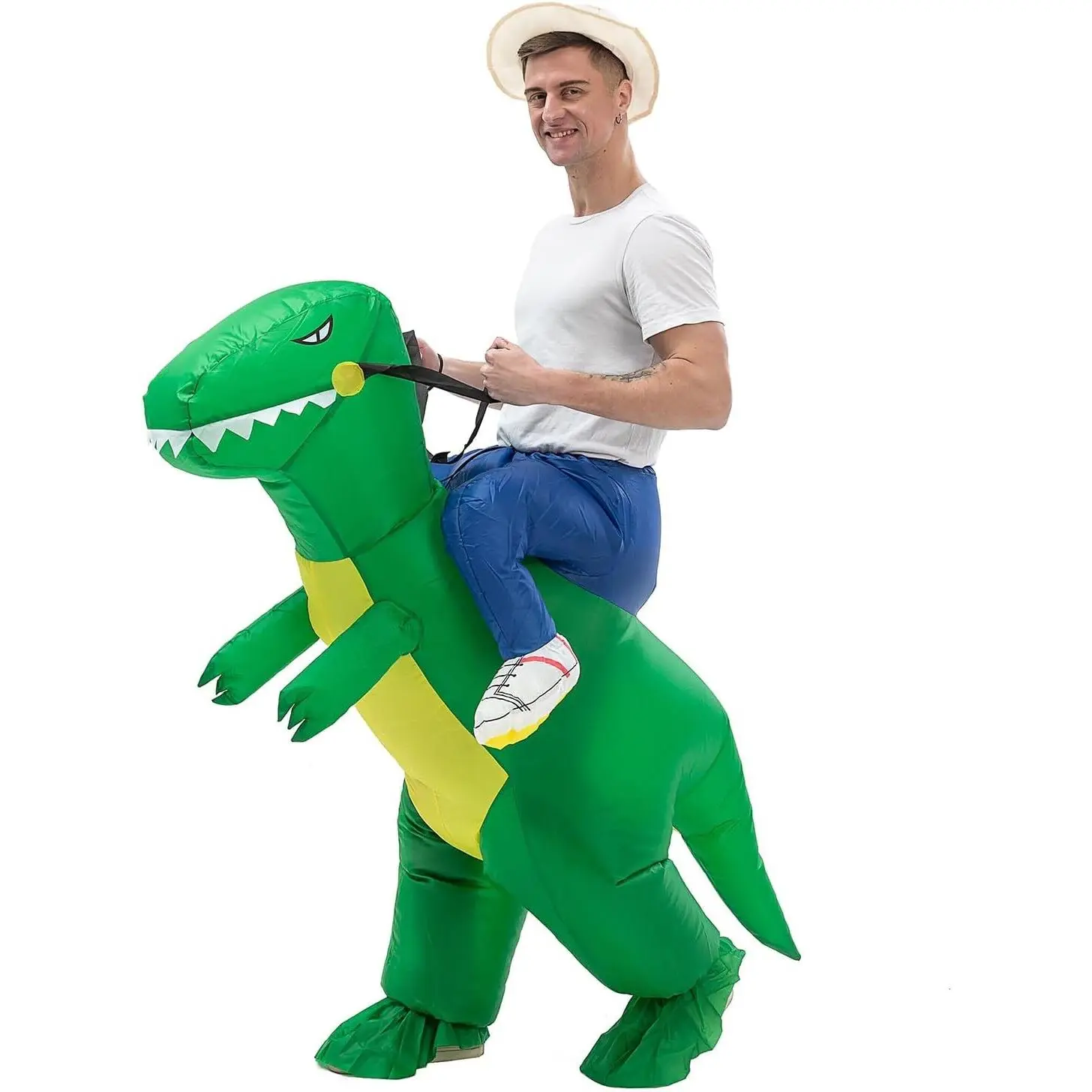 Adult Inflatable Dinosaur Costume, Funny Blow Up Halloween Suit, Green Dinosaur with USB Fan, Inflates in 60s, Fits 5'-6'3", 100% Polyester, Halloween Party(Gift)