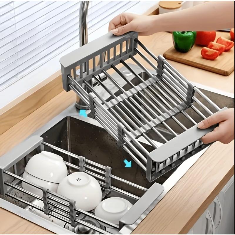 Stainless Steel Expandable Dish Drainer Rack, Space-Saving Striped Design, Ideal for Utensils and Cookware, Suitable for Sink and Countertop