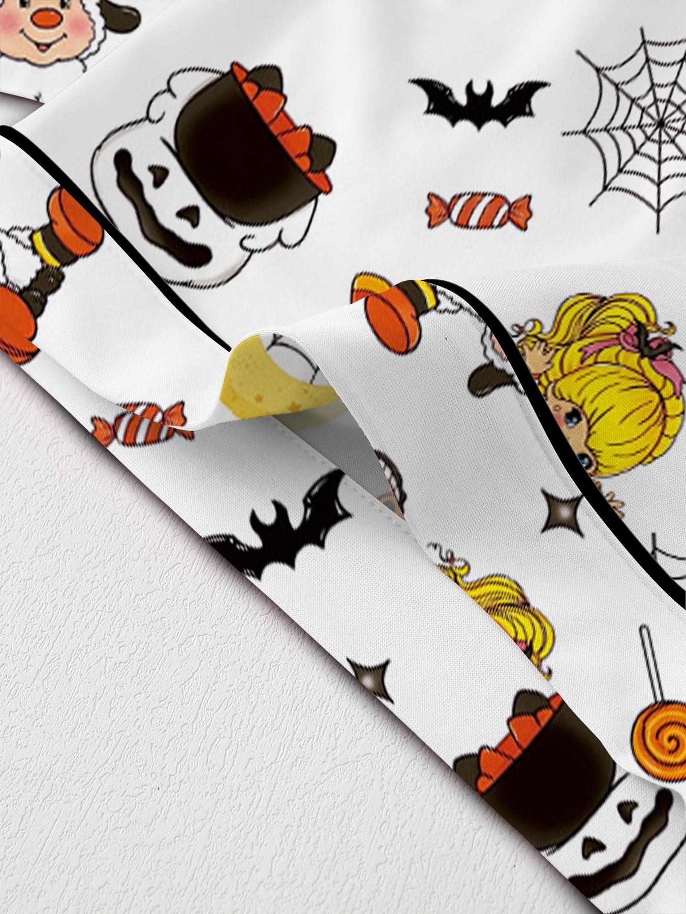 【Halloween】Retro Strawberry Girl Halloween Collared Pajama Set | Cute 80s Nostalgic Cartoon & Pumpkin Print Sleepwear | Soft Short Sleeve Button Down Lounge Outfit | Fun Summeroween 2-Piece PJs with Black Piping Pj Sets