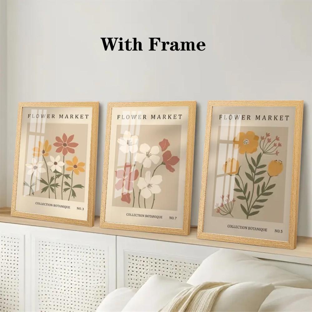 3-Piece Optional Wooden Frame Bohemian Abstract Flower Market Plant Poster Moisture-proof Canvas High Saturation No Color Difference Nordic Living Room Mural