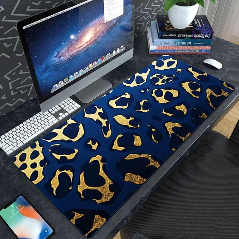 Blue Gold Leopard Print Mouse Pad, Durable Large Non-Slip Rubber Desk Mat, Gaming Office Accessory, Multi-Functional Keyboard Pad, Perfect Gift
