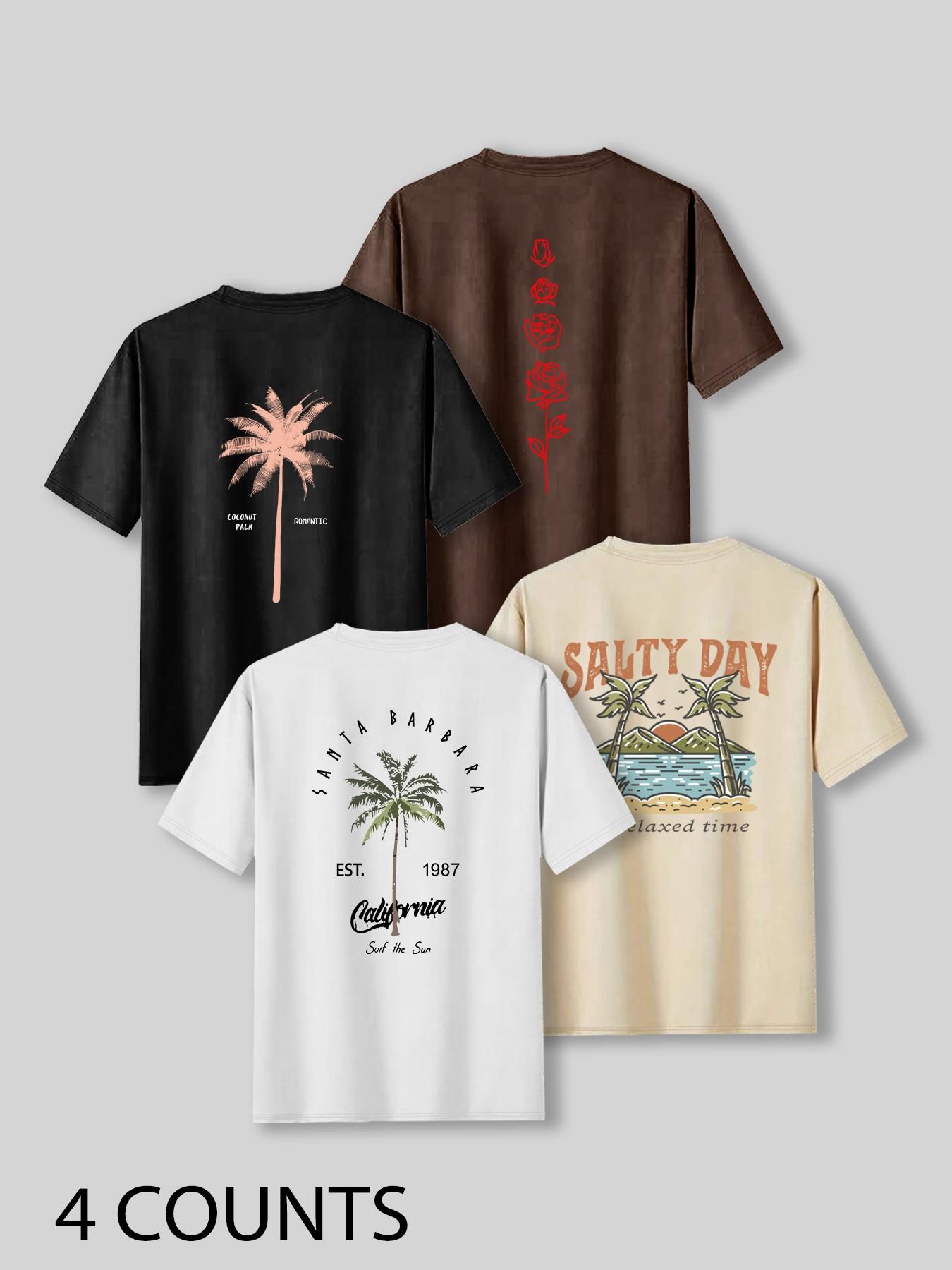 Men's Palm Tree & Letter Print Short Sleeve Graphic Tee, Regular Fit Casual Street Round Neck T-shirt for Summer, Men's Top for Daily Wear