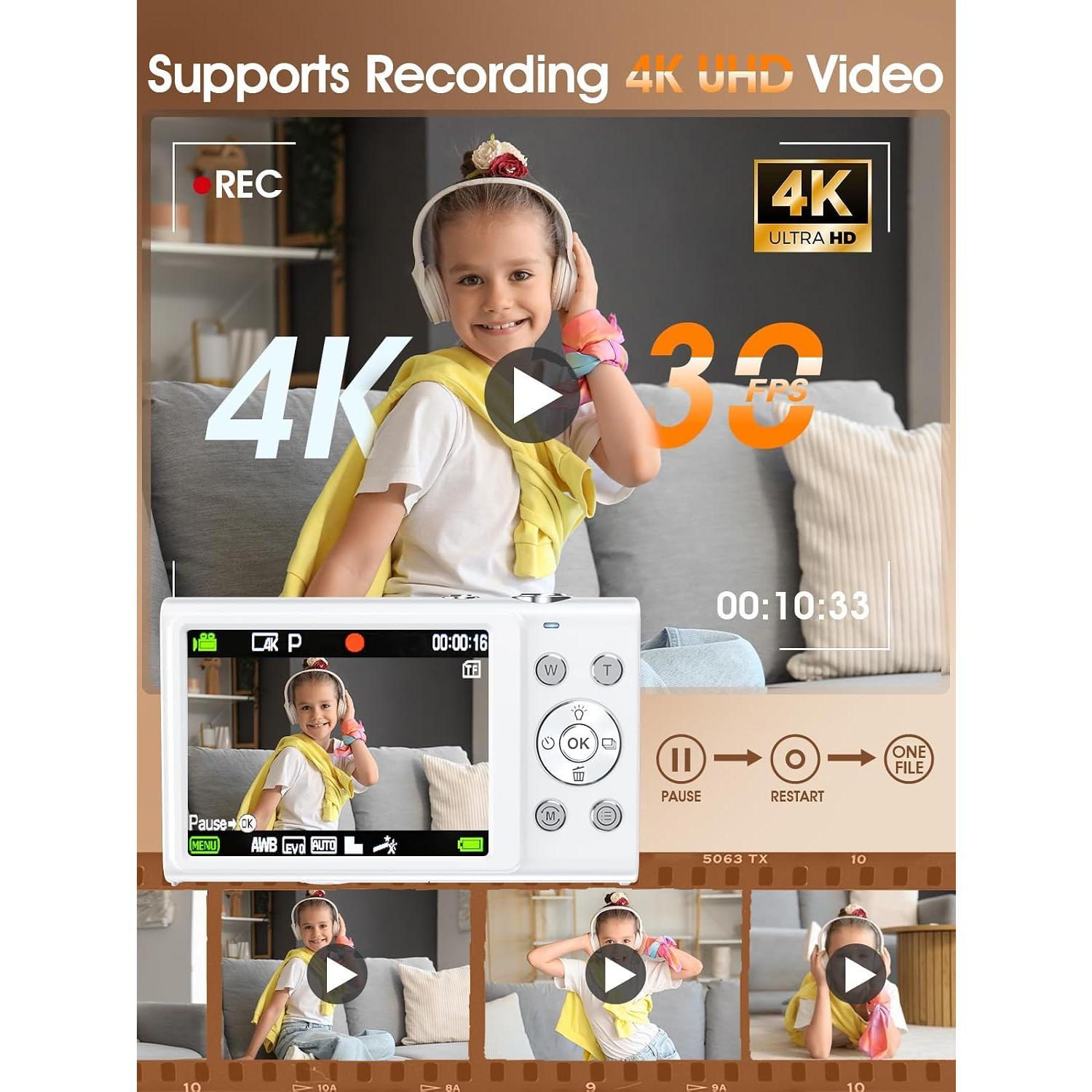 Digital Camera,Autofocus 4K 48MP Vlogging Camera for Photography,32GB Card | Portable Compact Point and Shoot Digital Camera for Teens Adult Beginner with 16X Zoom,Anti-Shake,2 (White)