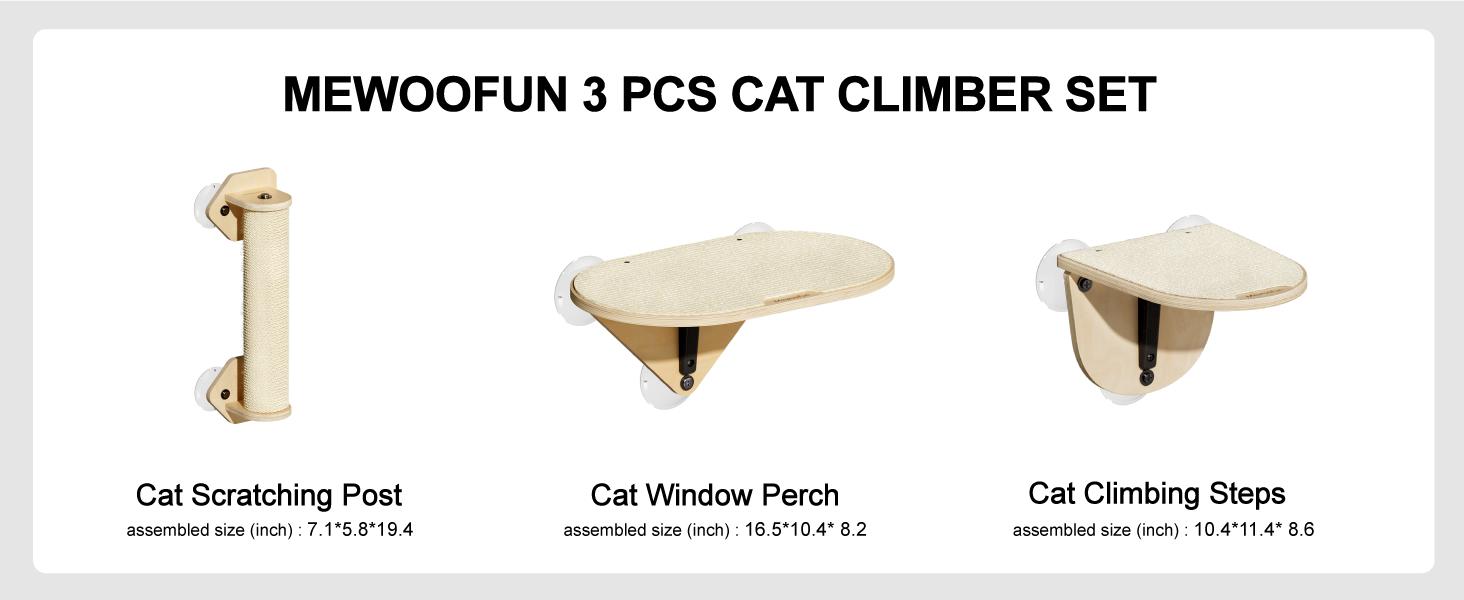 MEWOOFUN Sturdy Cat Window Perch Hammock with Climbing Steps and Scratching Post Wooden Window Mounted Cat Bed for Indoor Cats (3 Pcs Cat Climber Set), Space Saving Window Cat Wall, Vertical Cat Space Durable Cat Seat for Window Sill