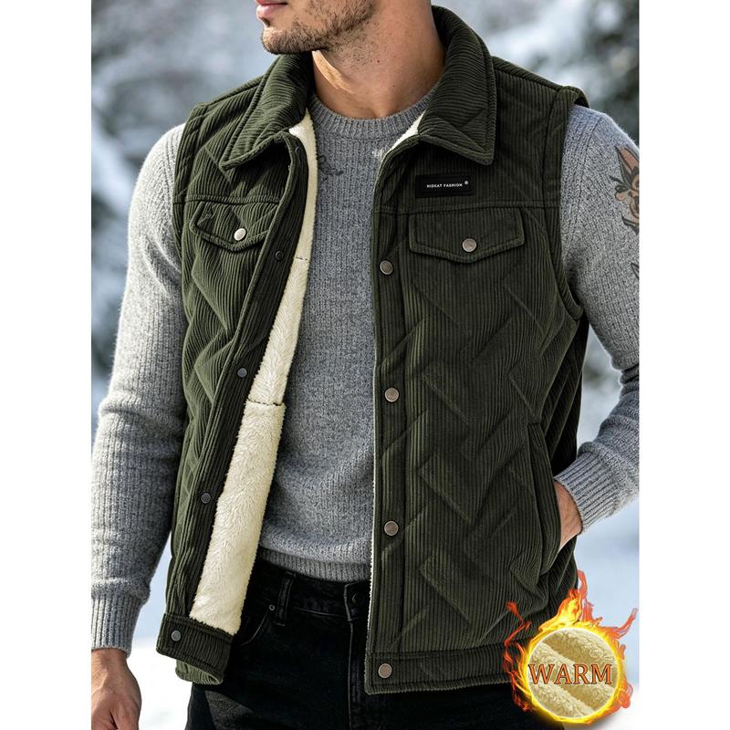 Men's Wool Lined Casual Vest, Men's Collar Button Sleeveless Jacket, Multi Pocket Collar Button Thick Fabric, Ideal for Winter Layering, Daily Commuting Wear, Retro Street Layering Style