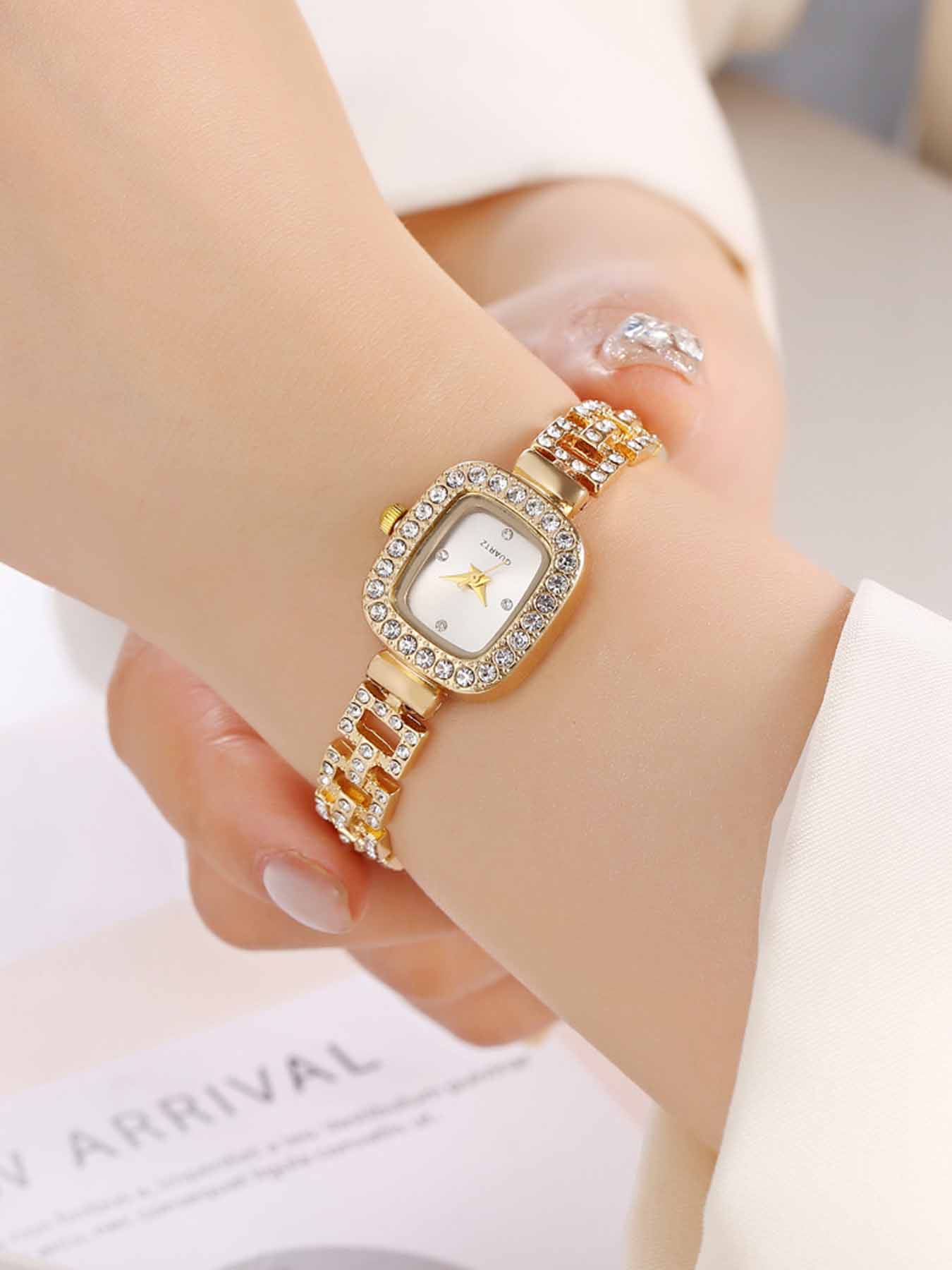 Women's Square Rhinestone Decorative Watch, Crystal Dial, Elegant Style Quartz Watch, Elegant Design, Suitable for All Seasons, Fashionable Watch
