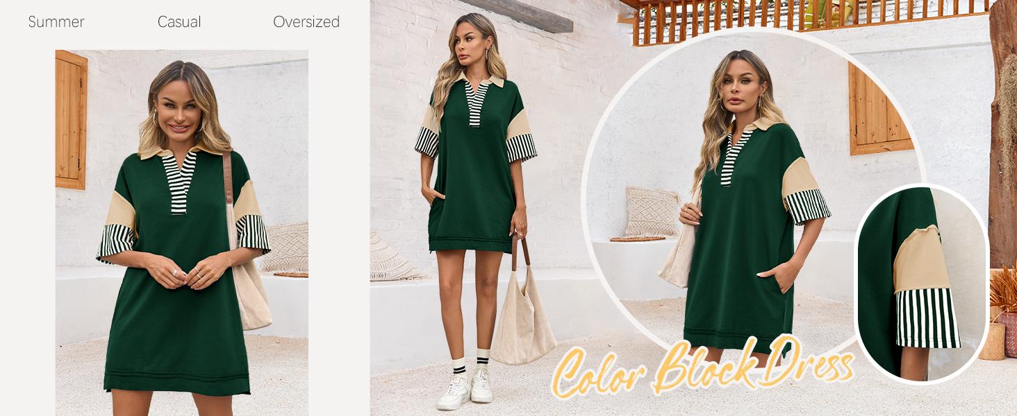 Wenrine Women's Polo V Neck T Shirt Dress Casual Summer Oversized Color Block Short Sleeve Sweatshirt Mini Dresses Wenrine Women's Polo V Neck T Shirt Dress Casual Summer Oversized Color Block Short Sleeve Sweatshirt Mini Dresses