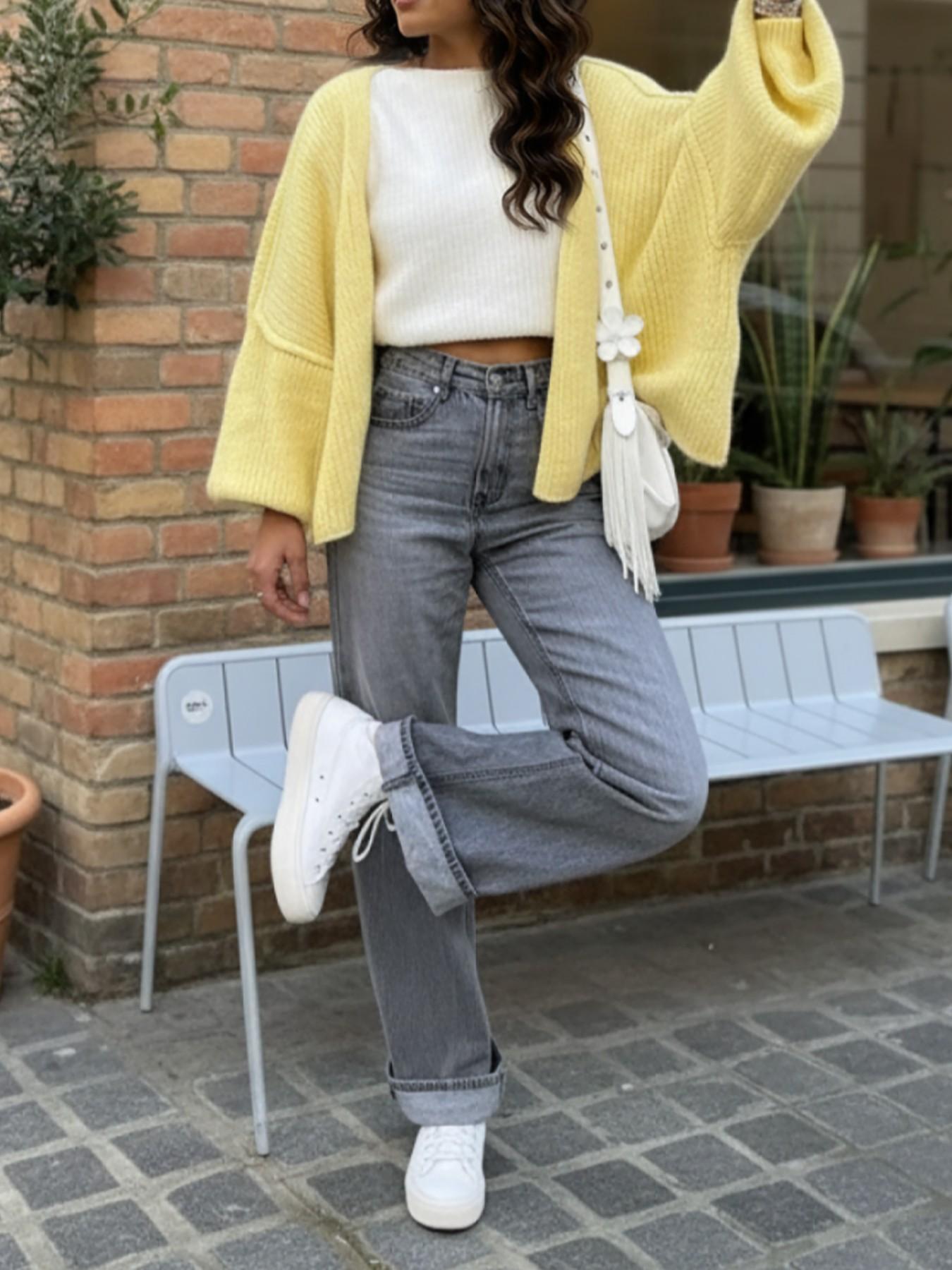 Gentle macaron-style V-neck knit cardigan, Knitwear, creamy yellow solid color, ribbed chunky knit, batwing loose sleeves, soft & cozy, Spring/fall layering essential, perfect for coffee dates, casual outings, sweet romantic vibe, Daily warm wrap-style