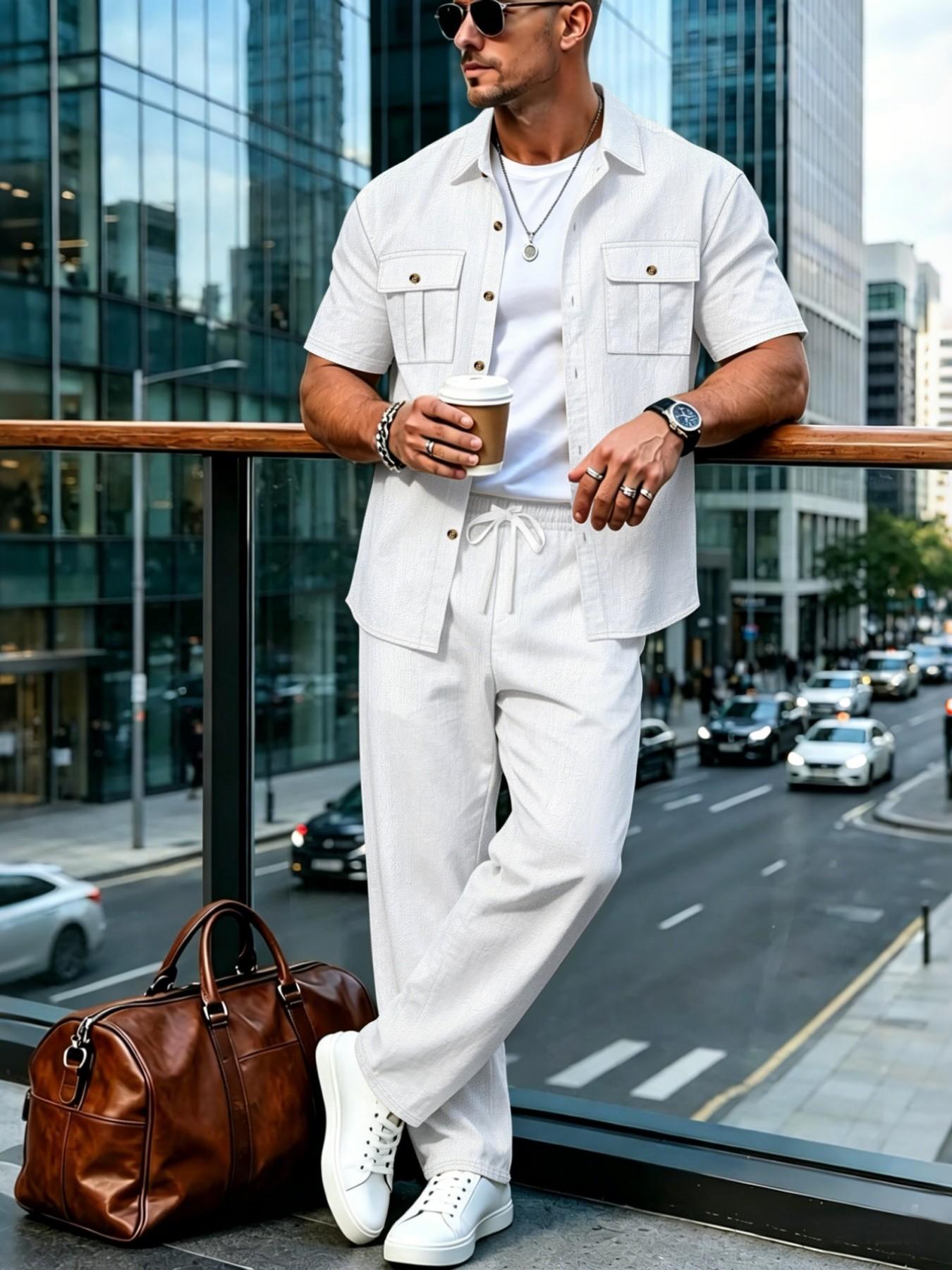 Summer Linen Style Men's Casual Short Sleeve Shirt and Long Pants Set, Resort Wear Set, Breathable Loose Fit Two-Piece, Drawstring Waist, Ideal for Vacation and Daily Wear Clothes, Clothing Sets, Menswear