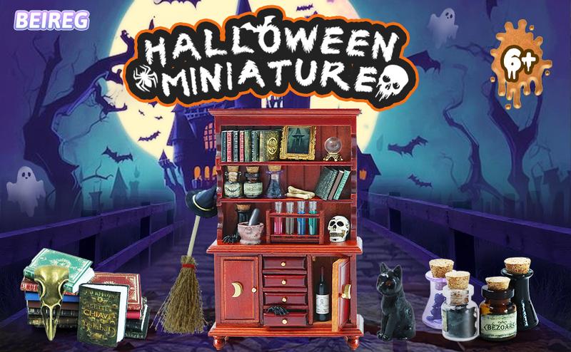 Dollhouse Miniatures 1/12 Scale Accessories, Wooden Bookshelf Furniture Set - Magic Bottle&Potion, Witch Frame and Hat, Mini Bookcase, Haunted Dollhouse Halloween Decorations for Kids Gifts Playset Dollhouse Miniatures 1/12 Scale Accessories, Wooden Bookshelf Furniture Set - Magic Bottle&Potion, Witch Frame and Hat, Mini Bookcase, Haunted Dollhouse Halloween Decorations for Kids Gifts Playset